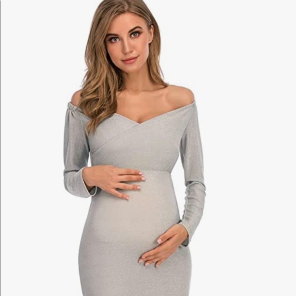 Silver Glitter Stretchy, Off Shoulder, Maternity Dress